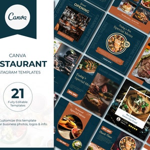 21 Publicaciones de redes sociales de Canva sobre comida y restaurantes de lujo / Plantillas de Instagram para restaurantes / Blogger de comida / Marketing