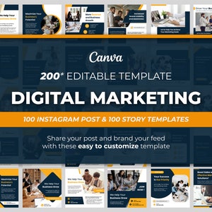 200 Digital Marketing Social Media Template for Canva Instagram Coach and Marketing Agency Plan with Post and Story Template Bundle