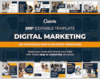 200 Digital Marketing Social Media Template for Canva Instagram Coach and Marketing Agency Plan with Post and Story Template Bundle