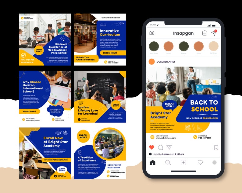 May include: A collage of colorful Instagram posts promoting different schools. The posts feature images of classrooms, teachers, and students, and include text such as "Back to School", "Enroll Now", and "Bright Star Academy".