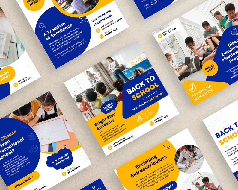 May include: A collection of colorful back-to-school flyers with images of children and text that reads "Enroll Now!" and "Now Open for Registration".