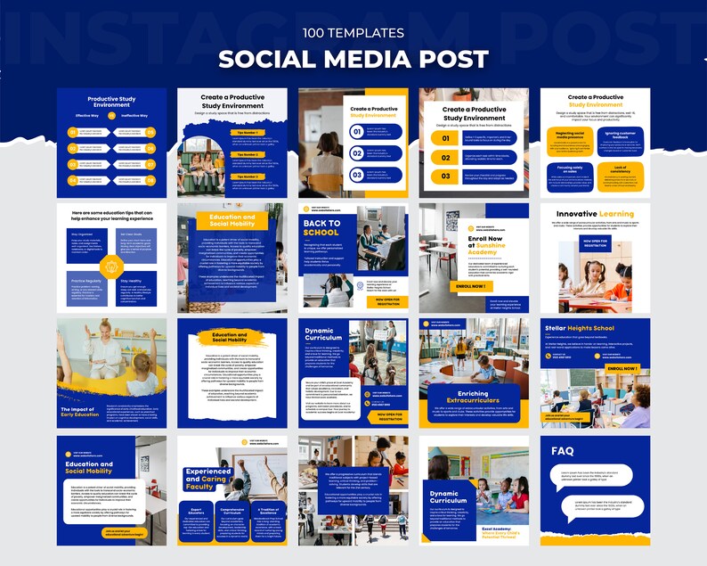 May include: A collage of 16 blue and yellow Instagram post templates for a school or academy. The templates feature images of students in a classroom setting and text about education, social mobility, and extracurricular activities. The text "Back to School" is featured in one of the templates.