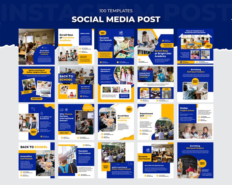 May include: A collection of 16 colorful social media post templates for schools. The templates feature images of children in classrooms and school hallways, with text that highlights the benefits of attending each school. The text includes phrases like "Enroll Now", "Dynamic Curriculum", "Experienced and Caring Faculty", "Enriching Extracurriculars", and "Back to School".