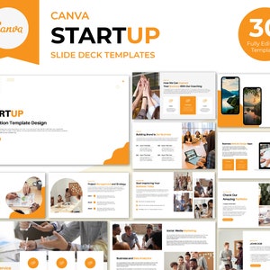 May include: A set of 30 fully editable startup presentation templates. The templates feature a modern design with a yellow and white color scheme. The text "STARTUP" is featured in a bold, black font.