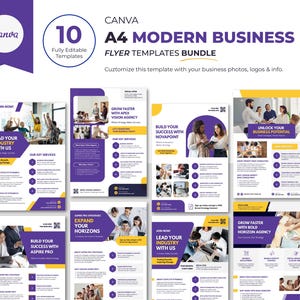 May include: Ten customizable A4 flyer templates for modern businesses. The templates feature a purple and yellow color scheme with text that reads "Lead Your Industry With Us", "Grow Faster With Apex Vision Agency", "Build Your Success With Novapoint", "Unlock Your Business Potential", "Expand Your Horizons", "Build Your Success With Aspire Pro", "Lead Your Industry With Us", and "Grow Faster With Bold Horizon Agency".