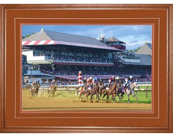 Belmont at Saratoga Springs 2024 print. Saratoga Race Course photograph. Dornoch gaining on Seize the Gray! David Fingerhut Photography.