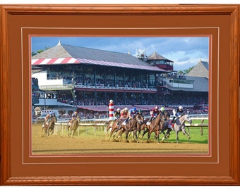 Belmont at Saratoga Springs 2024 print. Saratoga Race Course photograph. Dornoch gaining on Seize the Gray! David Fingerhut Photography.