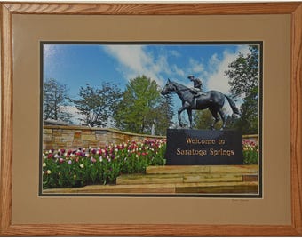 Welcome to Saratoga, Saratoga Springs, NY print.  Photo by David Fingerhut Fine Art Photography. Race Horse Statue. Variety of sizes.