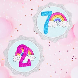 Handmade Glitter Felt Birthday Badge | Turquoise Rainbow Cloud Design | Custom Age Pink or Blue