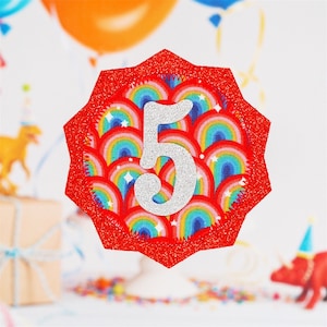 Red Rosette Rainbow Birthday Badge, Kids Birthday Badge, Rainbow Birthday Badge