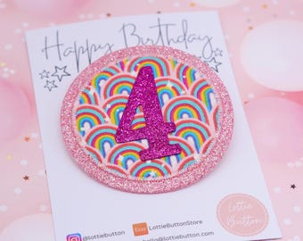 Rainbow Birthday Badge: Glittery Pink Birthday Pin