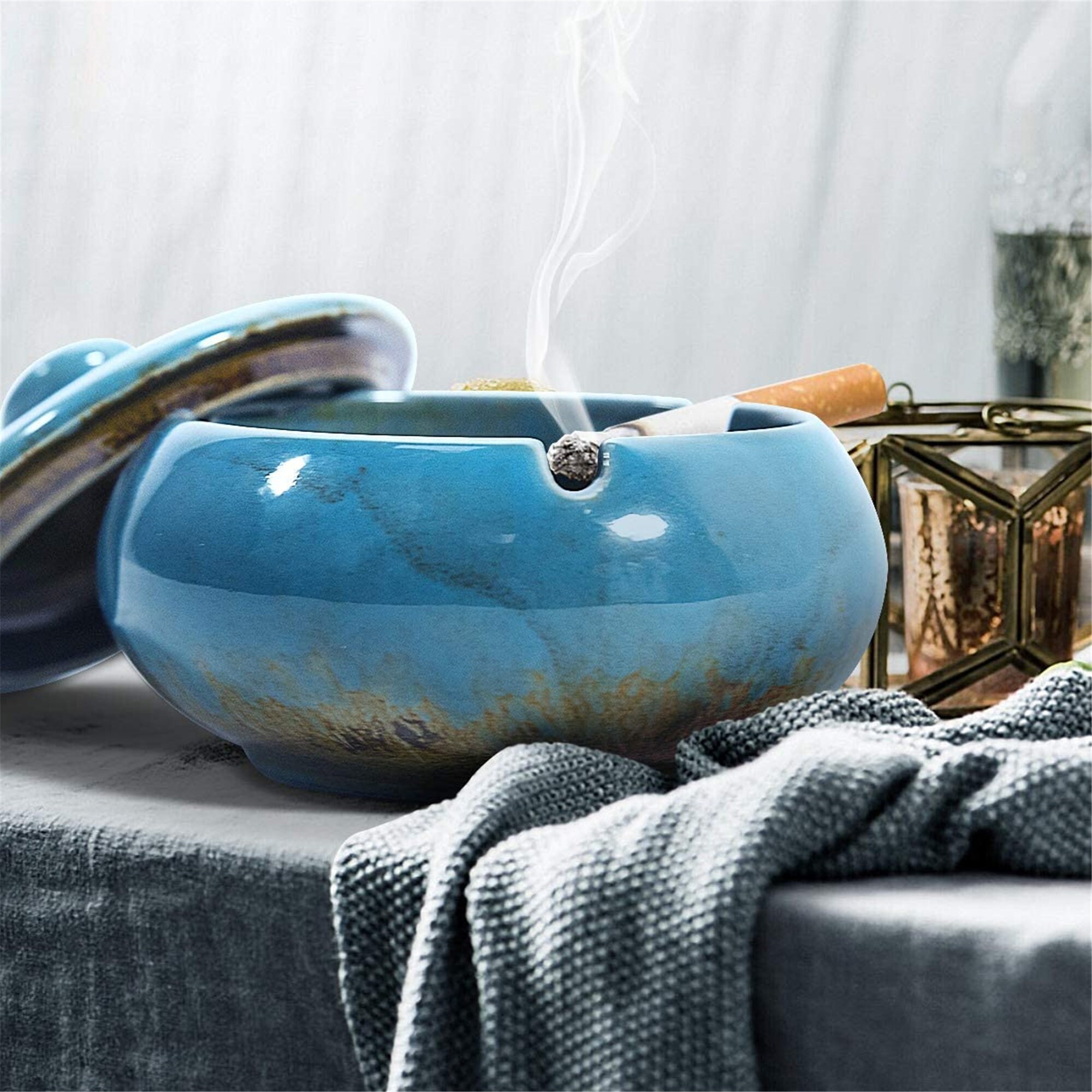 Keramik Aschenbecher Mit Deckel - Winddichter Aschenbecher 11x11cm Für Innen & Außen