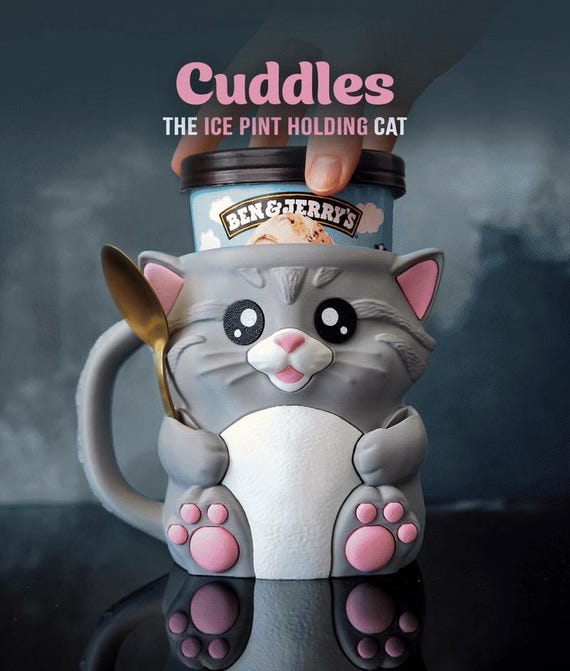 Cuddles the Ice Cream Pint Holding Cat | 3D Printed Cozy With
