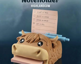 Highland Cow Sticky Note Holder with Stencils – Cute Desk Organizer, Post It Note Stand & Dispenser, Office Decor Gift