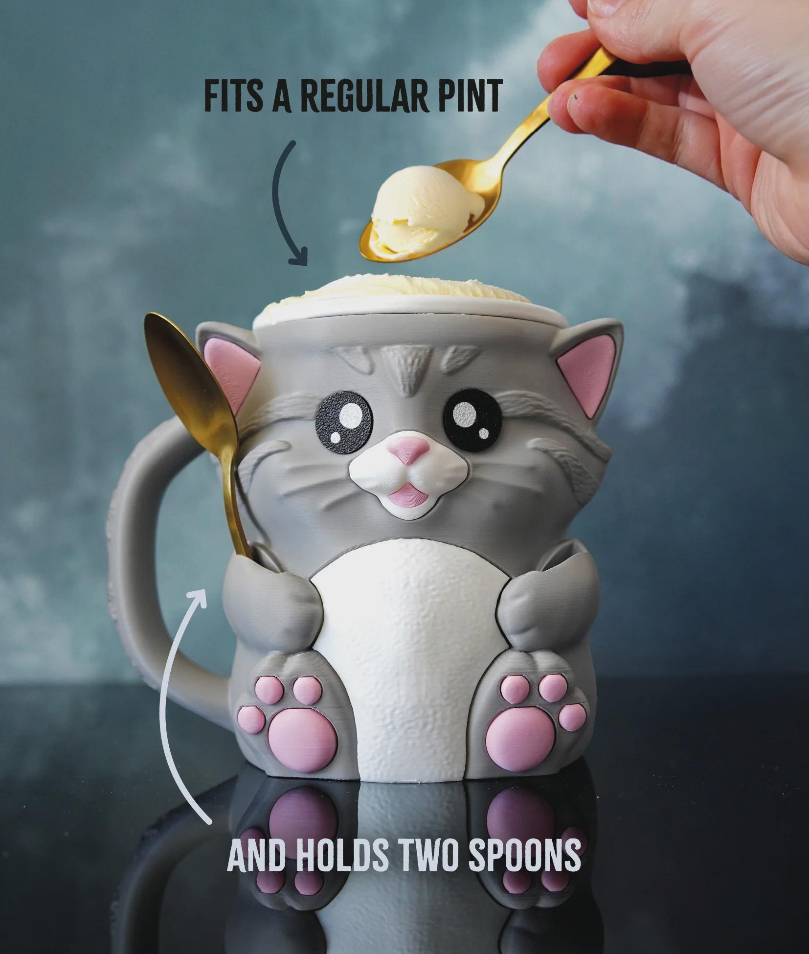 Cuddles the Ice Cream Pint Holding Cat | 3D Printed Cozy With