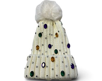 Bonnet Mardi Gras avec pierres précieuses et pompons
