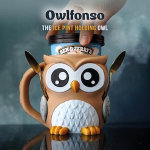 Owl Ice Cream Pint Holder | 3D Printed Owl Cozy | Cute Dessert Cup Holder with Spoon Slots & Snack Drawer | Gift for Ice Cream Lovers