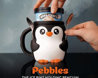 Pojemnik na lody Pebbles the Penguin | Drukowany w 3D pojemnik na lody z otworami na łyżeczki | Ukryta szufladka na przekąski! + Elastyczny prezent Penguin