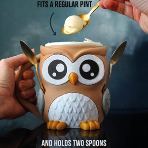 Owl Ice Cream Pint Holder | 3D Printed Owl Cozy | Cute Dessert Cup Holder with Spoon Slots & Snack Drawer | Gift for Ice Cream Lovers