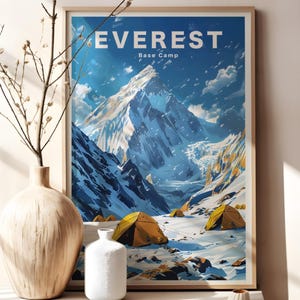 Everest Base Camp Poster – Minimalist Himalayan Wall Art, Mount Everest Print, Nepal Trekking Decor, Adventure Travel Illustration