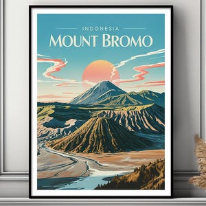 Peut inclure: Une illustration colorée du mont Bromo en Indonésie. L'image représente un grand volcan avec une colonne de fumée s'élevant de son sommet. Le volcan est entouré d'un paysage verdoyant luxuriant avec une rivière qui serpente à travers lui. Le ciel est d'un bleu éclatant avec des nuages blancs et moelleux. Le texte "INDONESIA MOUNT BROMO" est imprimé en haut de l'image.