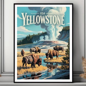Yellowstone Poster - Iconic National Park Landscape Art Print for Wall Decor, Geysers and Wildlife, Nature Travel Poster
