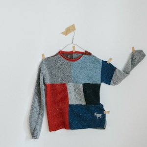 May include: A gray, blue, red, and black patchwork sweater hanging on a hanger. The sweater has a small embroidered animal on the front.