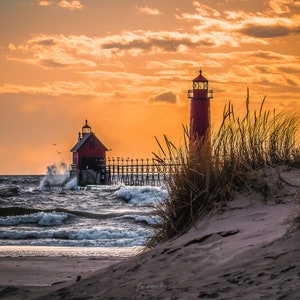 Grand Haven Lighthouse, Michigan - Sunset Over Lake Michigan, Landscape Photography, Home Decor, Beach Wall Art, Beach Images, Nature Wild