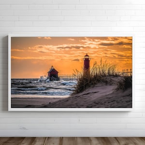 Grand Haven Lighthouse, Michigan | Sunset | Lake Michigan | Landscape Photography | Home Decor | Beach Wall Art | Lighthouse Print