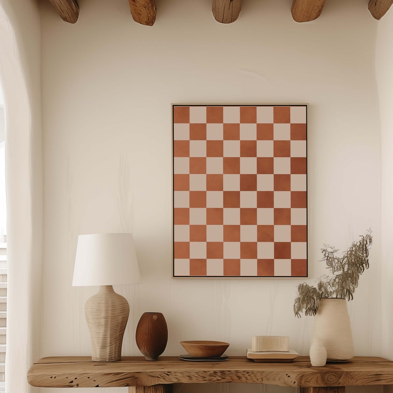 Rust Checkerboard Canvas Wall Art, Minimalist Framed Art Print, Beige ...