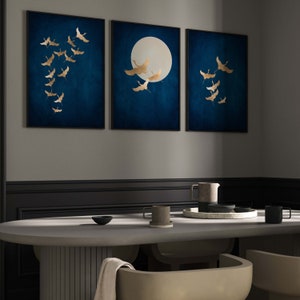 Dark Blue Japanese Cranes Wall Art, Set of 3 Prints, Japandi Decor ...