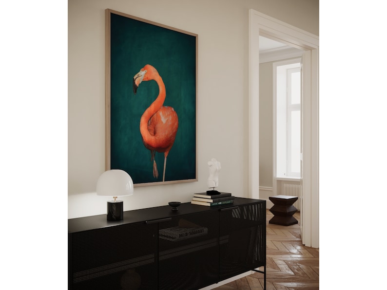 Flamingo Art Print Pink Flamingo Poster Large Wall Art Botanical Print Pink and Green Wall Art Maximalist Decor image 3