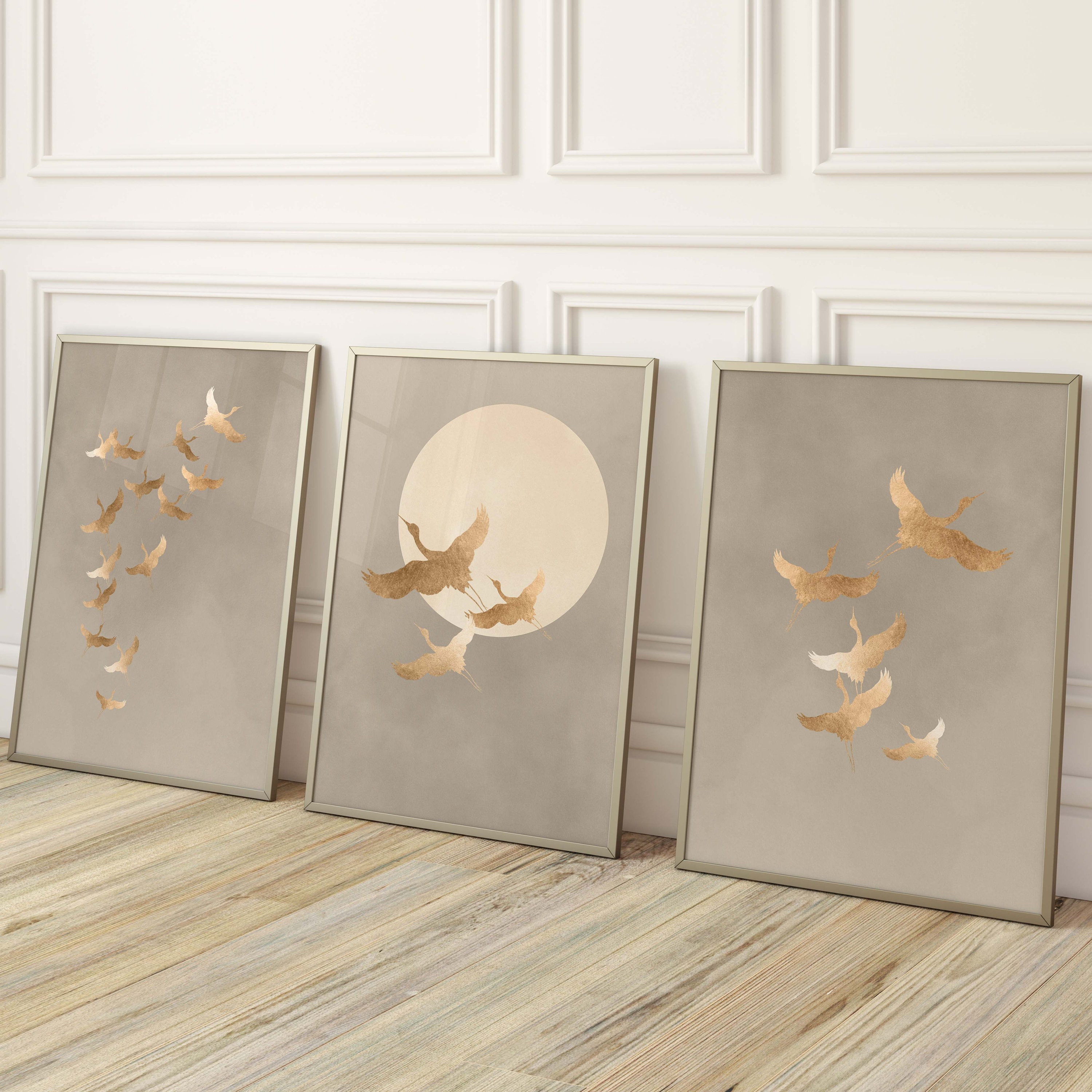 Gold Cranes Japanese Wall Art Prints, Set of 3 Prints, Beige Neutral ...