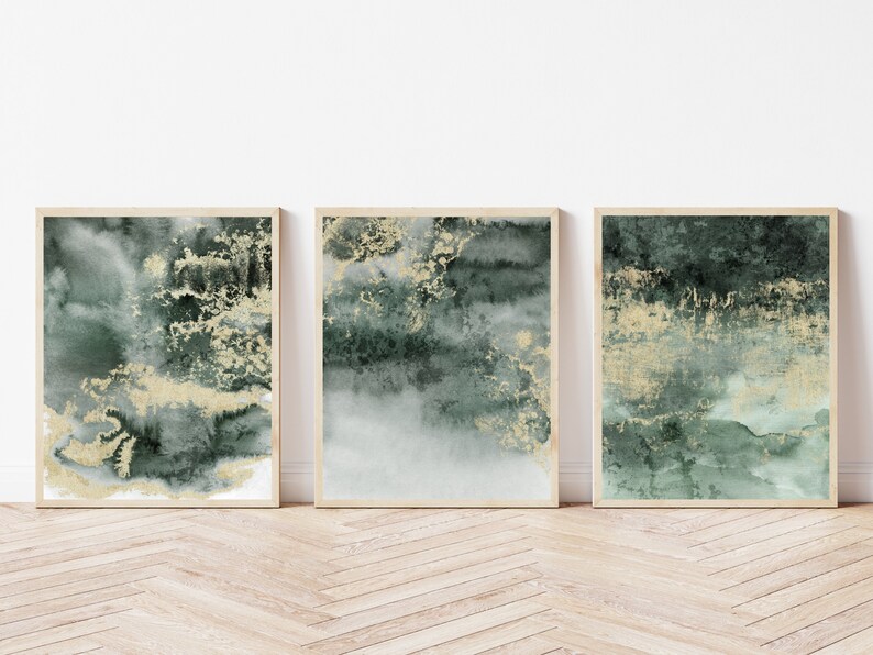 Green and Gold Wall Art Set of 3 Gallery Wall Set Modern Etsy