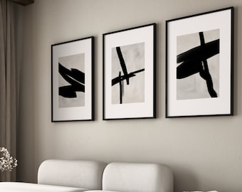 Black Ink Beige Wall Art, Set of 3 Prints, Abstract Art, Minimalist Poster, Neutral Wall Art, Gallery Wall Set, Japandi, Living Room Decor