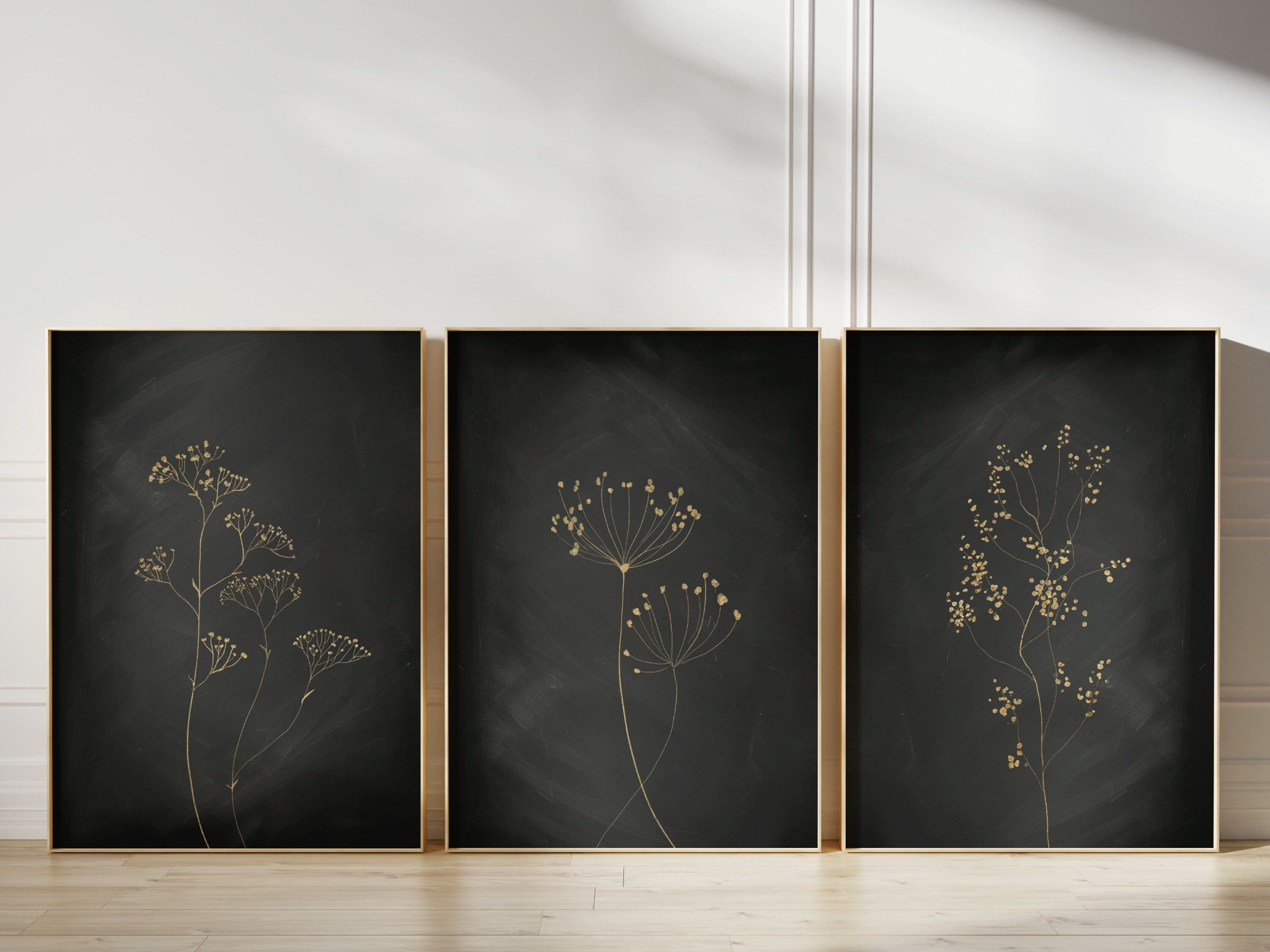 Black and Gold Botanical Wall Art, Set of 3 Prints, French Decor ...