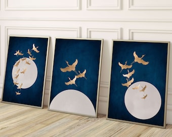 Blue Cranes & Moon Wall Art, Gold Wall Art, Set of 3 Prints, Japanese Wall Art, Navy Dark Blue Flying BIrds, Japandi art, Minimalist, Indigo