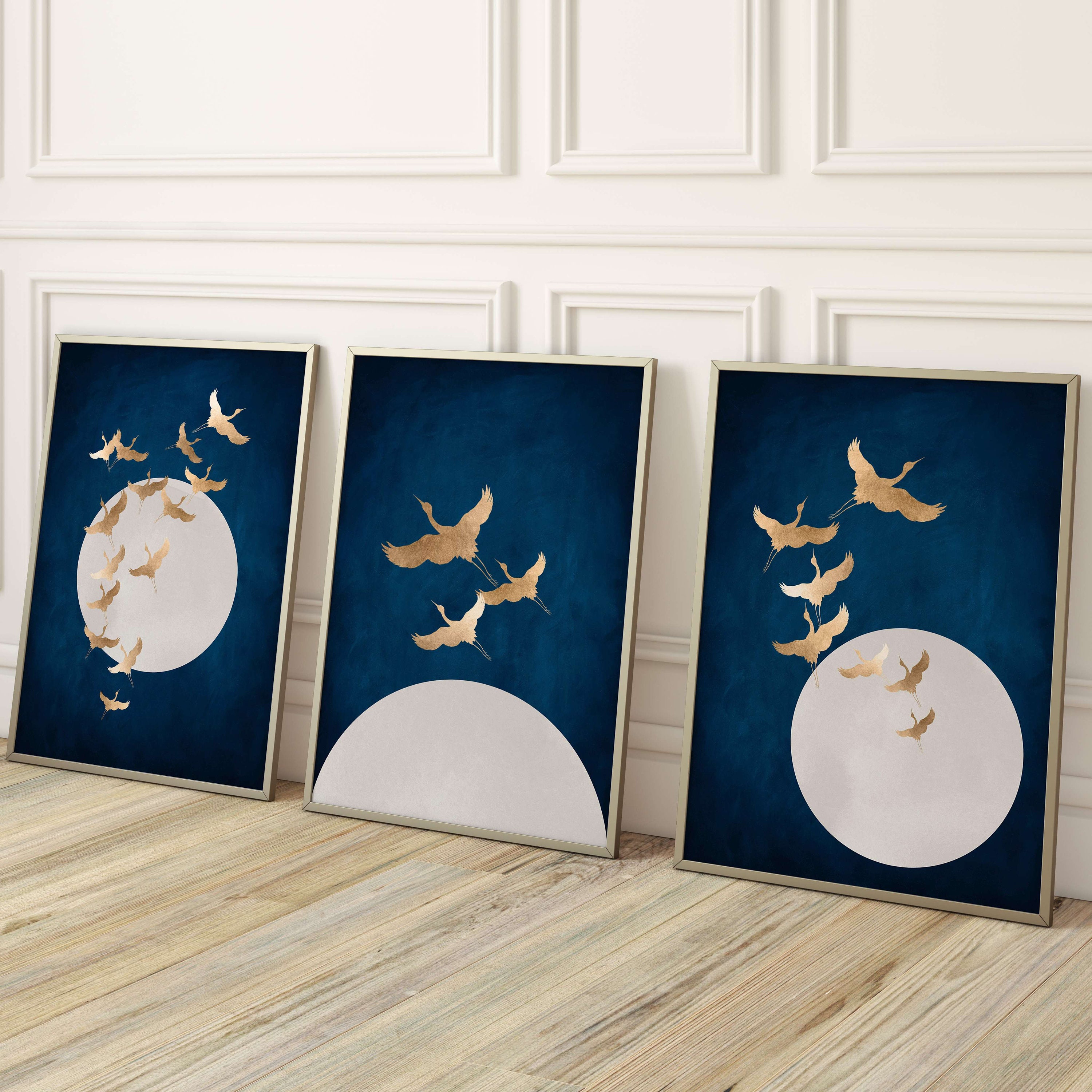 Blue Cranes & Moon Wall Art, Gold Wall Art, Set of 3 Prints, Japanese ...