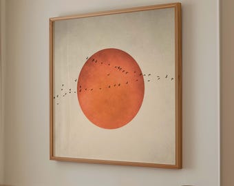 Blood Moon and Birds Wall Art, Square Print, Orange & Neutral Decor, Abstract Painting, Large Living Room Decor, Minimalist Japandi Wall Art