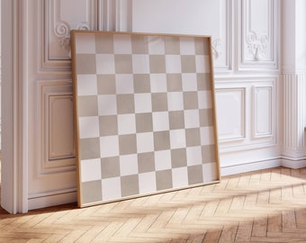 Neutral Minimalist Checkerboard Wall Art Print, Simple Square Print, Abstract Art, Large Living Room Decor, Beige Checkered Framed Art