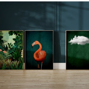 Juego de 3 impresiones de arte mural maximalista verde esmeralda, impresión de nubes, verde oscuro, La jungla ecuatorial de Henri Rousseau, póster de flamenco, galería