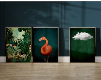 Emerald Green Maximalist Wall Art Set of 3 Prints, Cloud Print, Dark Green, The Equatorial Jungle Henri Rousseau, Flamingo Poster, Gallery
