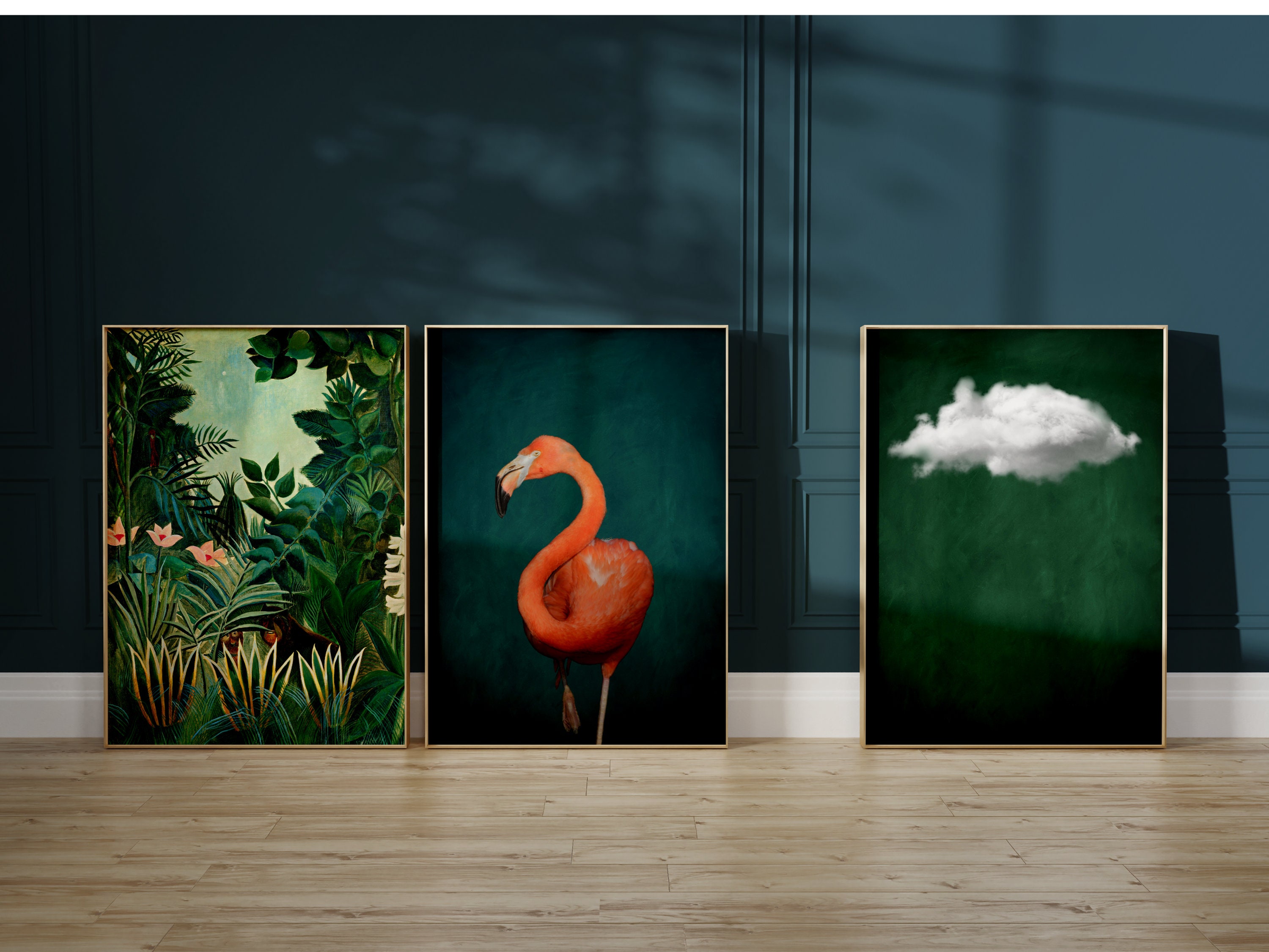 Emerald Green Maximalist Wall Art Set of 3 Prints, Cloud Print, Dark Green,  the Equatorial Jungle Henri Rousseau, Flamingo Poster, Gallery - Etsy