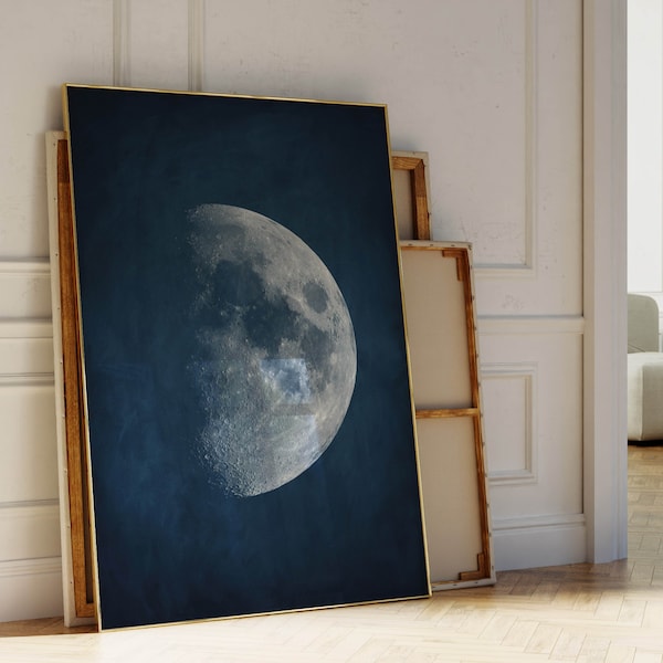 Blue Moon Wall Art Print, Dark Blue Indigo, Moon Poster, Celestial, Lunar Phase, Living Room Decor, Bedroom, Above Bed, Minimalist, Large