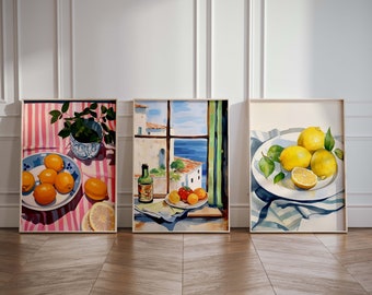 Food Art Print, Colorful Wall Art, French Riviera Decor, Set of 3 Kitchen Wall Art, Lemons, Painting, Dining Room, Cottagecore, Farmhouse