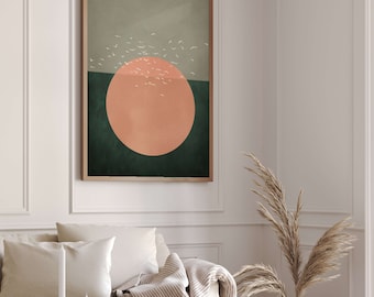 Green Flying Birds Wall Art Print, Orange Sun, Japandi Art, Abstract Art, Living Room Decor, Large, Forest Green, Japanese Wall Art, Bedroom