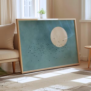 Sky Blue Flying Birds Wall Art, Abstract Japandi Art, Large Living Room Decor, Japanese Scene, Horizontal Moon Art, Flock of Birds Print