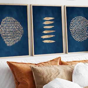 Indigo and Gold Wall Art · Set of 3 Prints · Abstract Art · Dark Blue · Gallery Wall Set,  Living Room Decor, Bedroom, Dorm, Large Wall Art