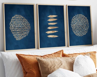 Indigo and Gold Wall Art · Set of 3 Prints · Abstract Art · Dark Blue · Gallery Wall Set,  Living Room Decor, Bedroom, Dorm, Large Wall Art