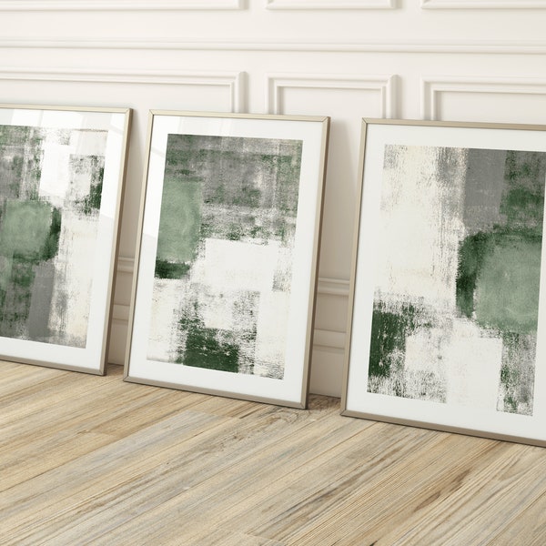 Sage Green Ensemble de 3 estampes, Art abstrait, Ensemble mural de galerie, Gris Blanc, Décor de salon, Chambre à coucher, Peinture, Affiche, Minimaliste, Grand